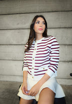 Women’s White & Wine Striped Cardigan – Gold Button Knit Top 25WC009
