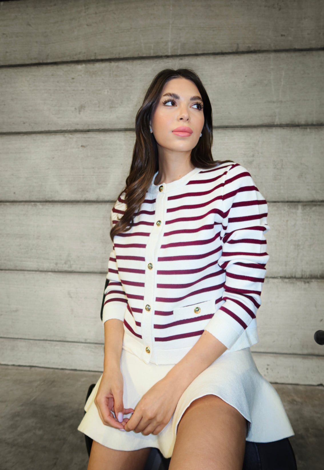 Women’s White & Wine Striped Cardigan – Gold Button Knit Top 25WC009