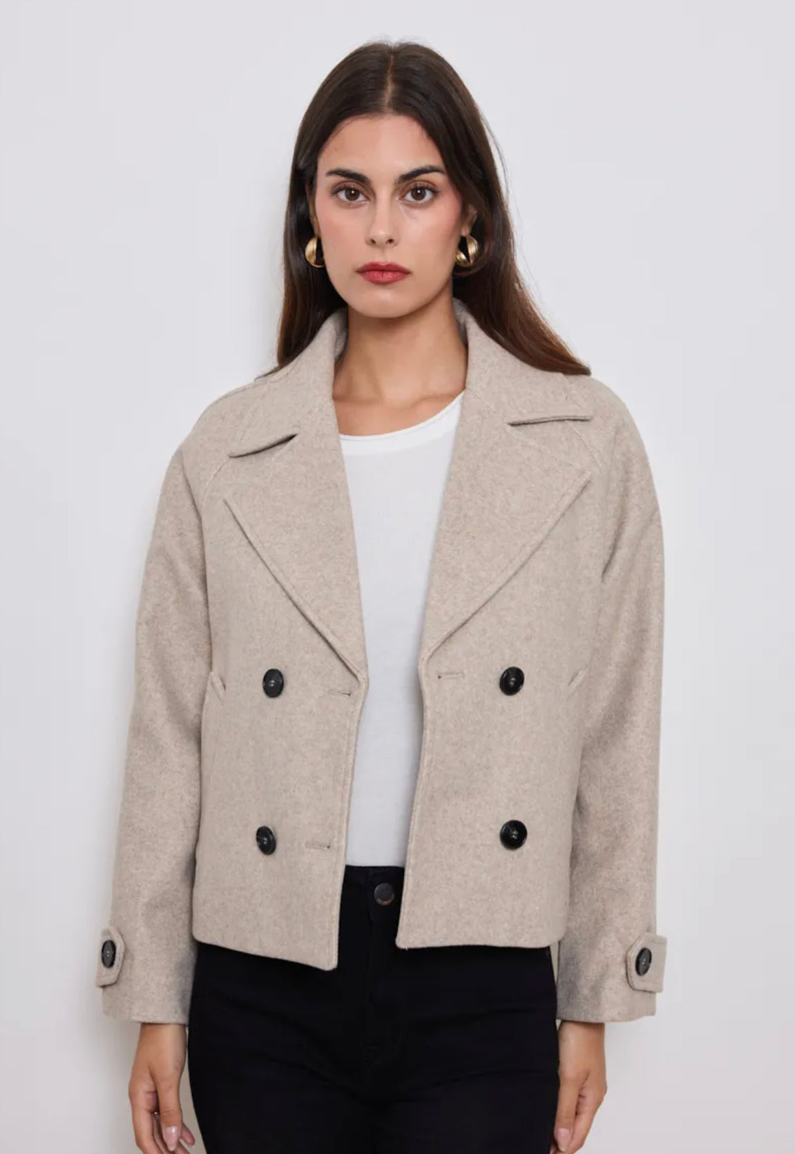 Tailored Cropped Peacoat in Soft Beige Jacket HJ608