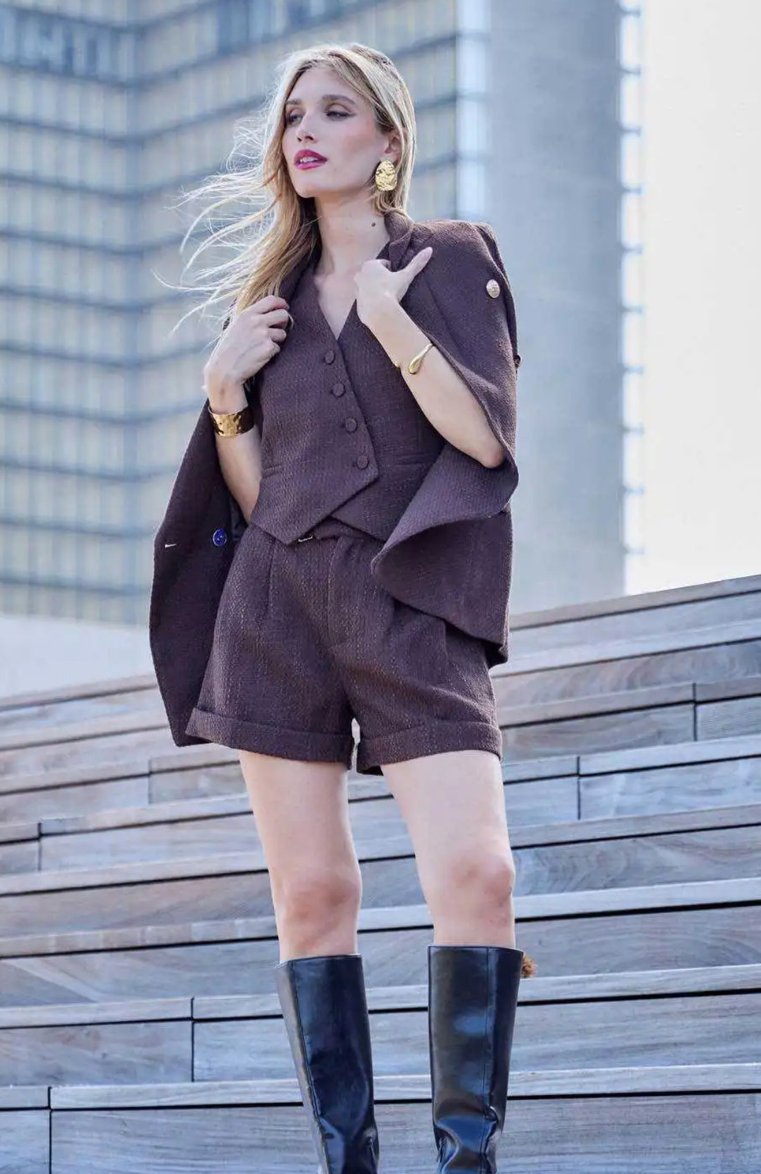 Double-Breasted Tweed Blazer | Timeless Brown Elegance