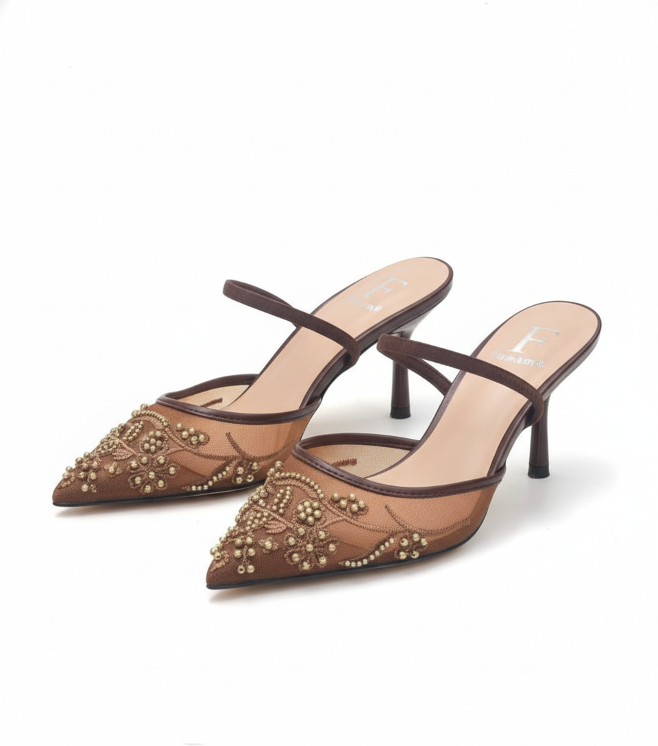 Embellished Mesh Mule Heels 2917