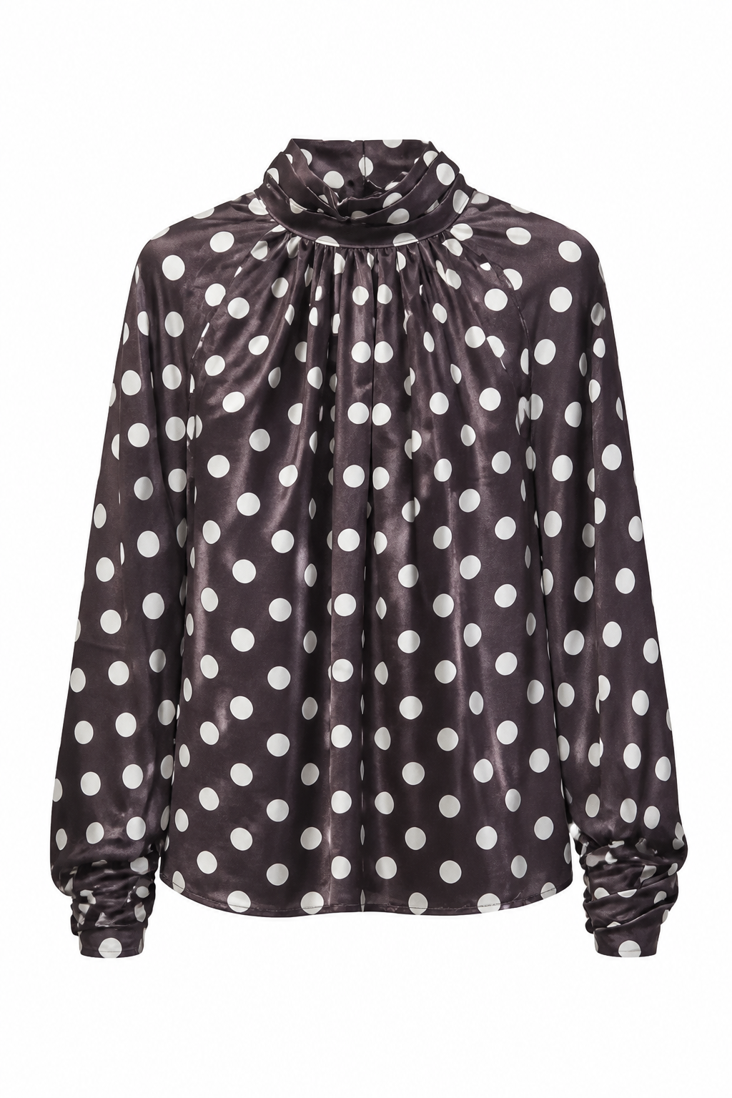 A long-sleeve blouse with a high gathered mock neck, featuring a dark brown base with a white polka dot pattern and ruched cuffs.