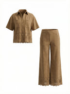 Suede-Style Cutwork Shirt and Wide-Leg Pants Set Co-Ord S3135