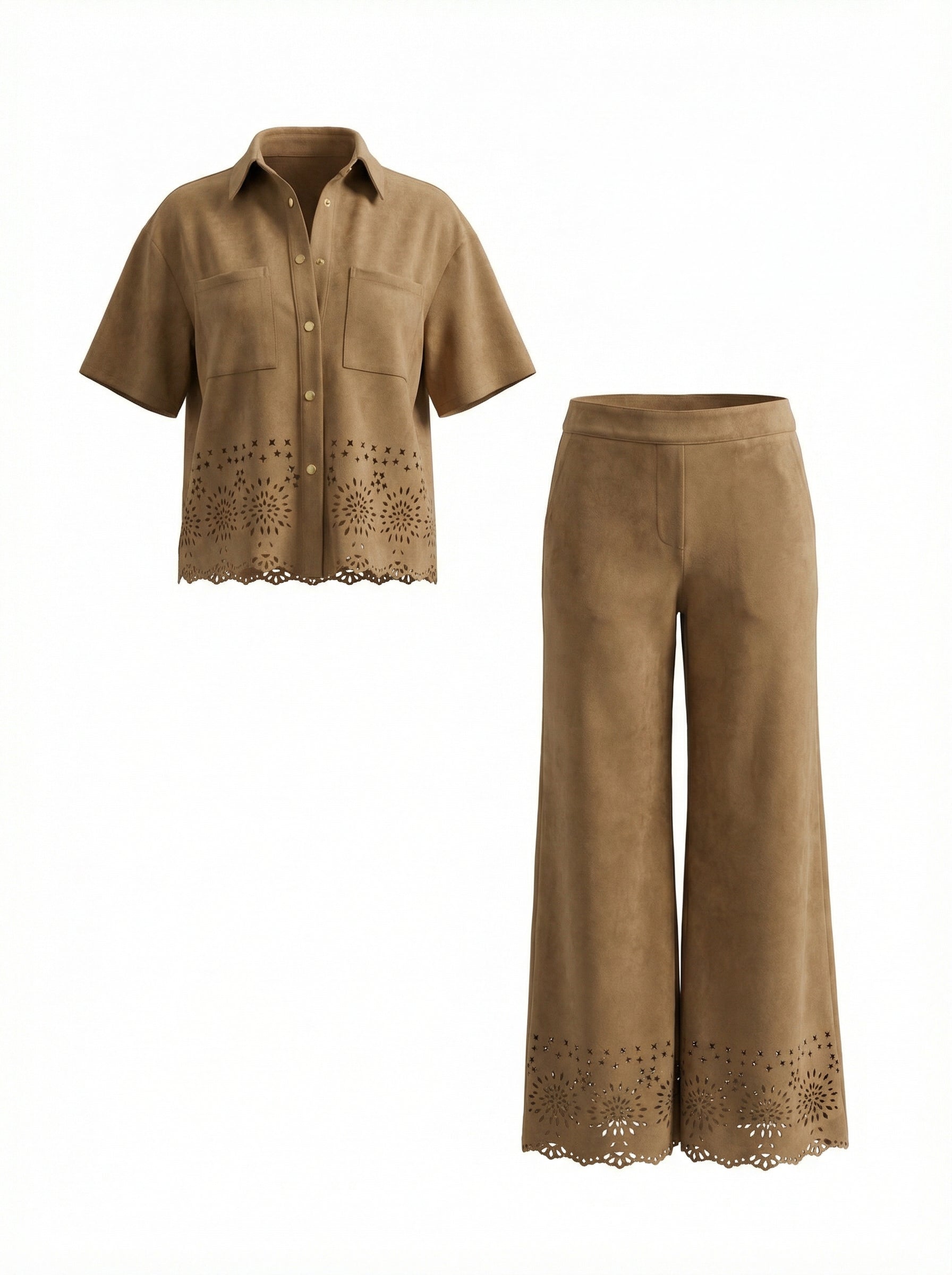 Suede-Style Cutwork Shirt and Wide-Leg Pants Set Co-Ord S3135