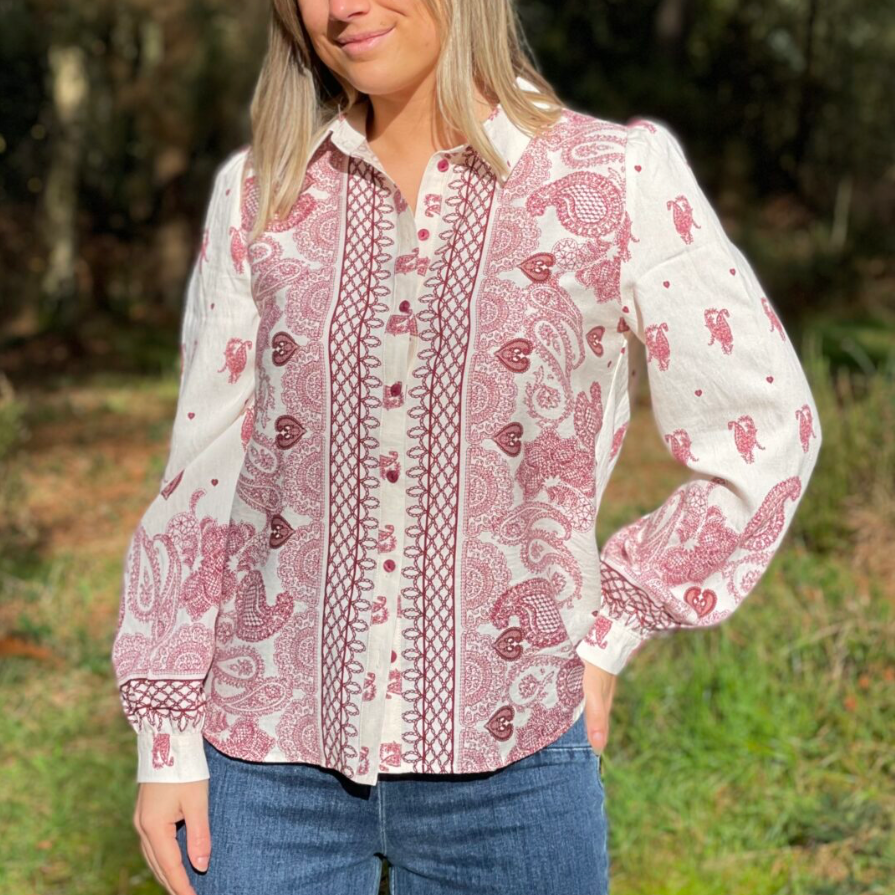 Paisley Border Print Shirt — Cream & Wine 29480