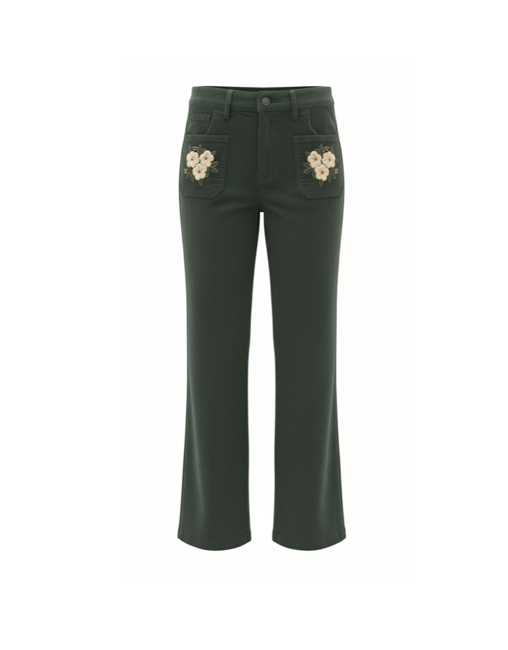 Corduroy Trousers with Floral Embroidery