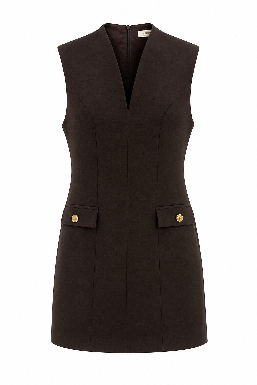 A sleeveless dark brown mini dress with a V-neckline, structured shoulders, and two front flap pockets with gold button accents, shown on a plain white background.