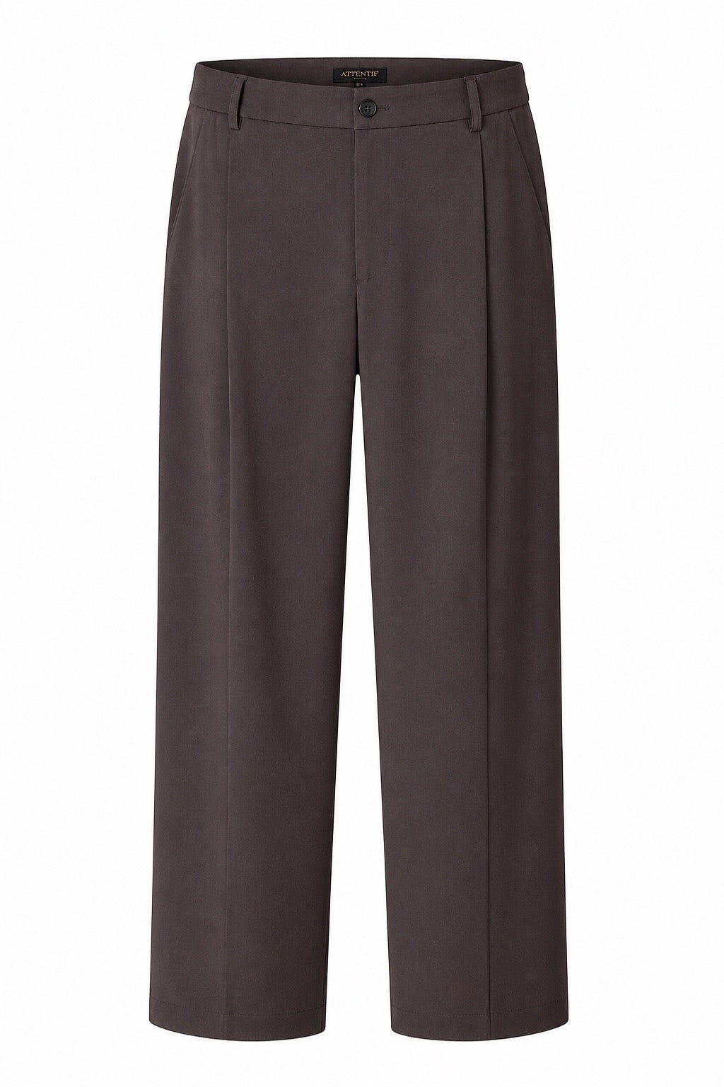 A pair of dark brown wide-leg cropped trousers with a button closure and belt loops, shown against a plain white background.