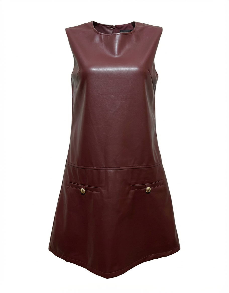Women’s Sleeveless Faux Leather Mini Dress  27250 – Wine, Also Available in Brown