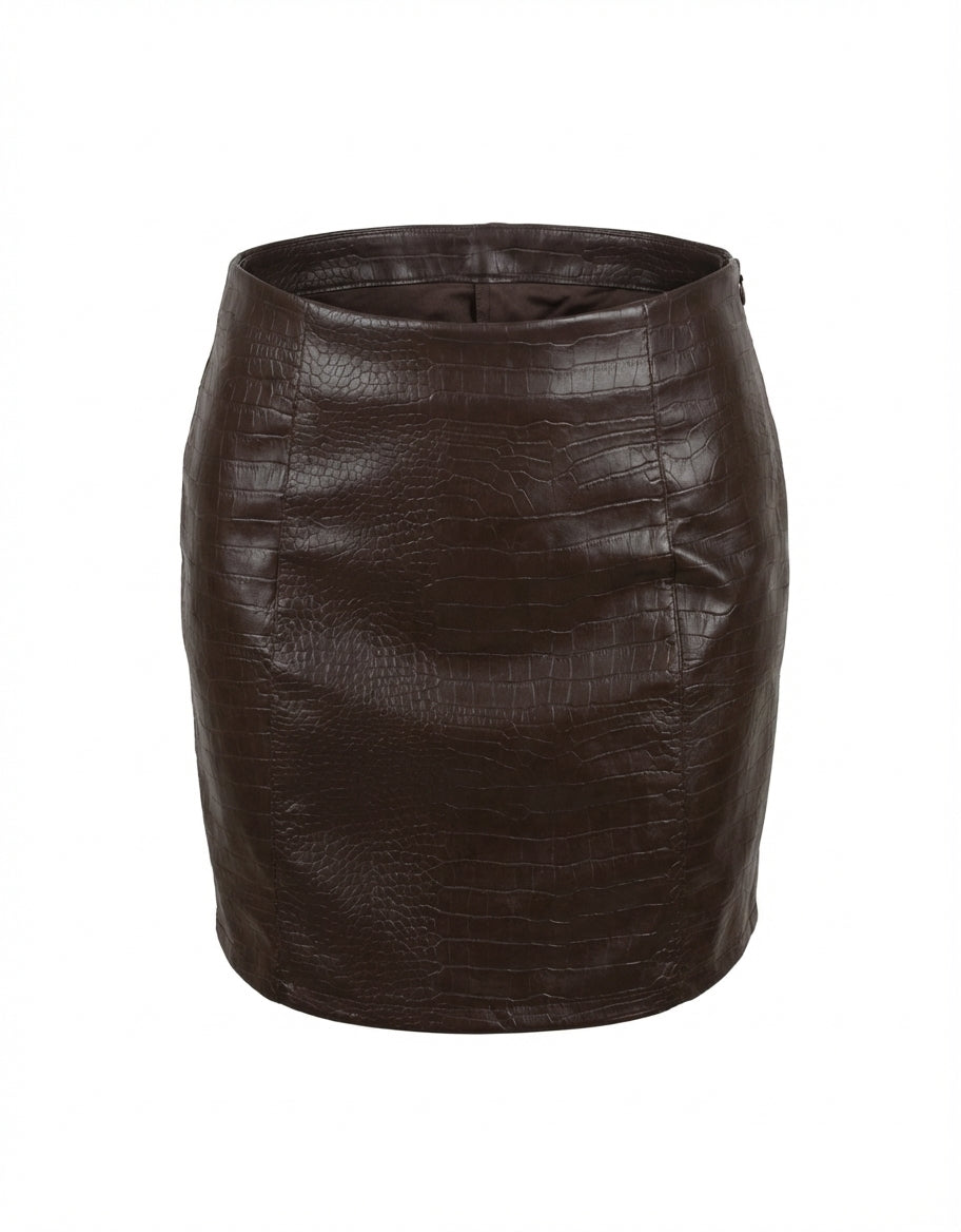 Chocolate Brown Crocodile-Effect Faux Leather Mini Skirt 27228