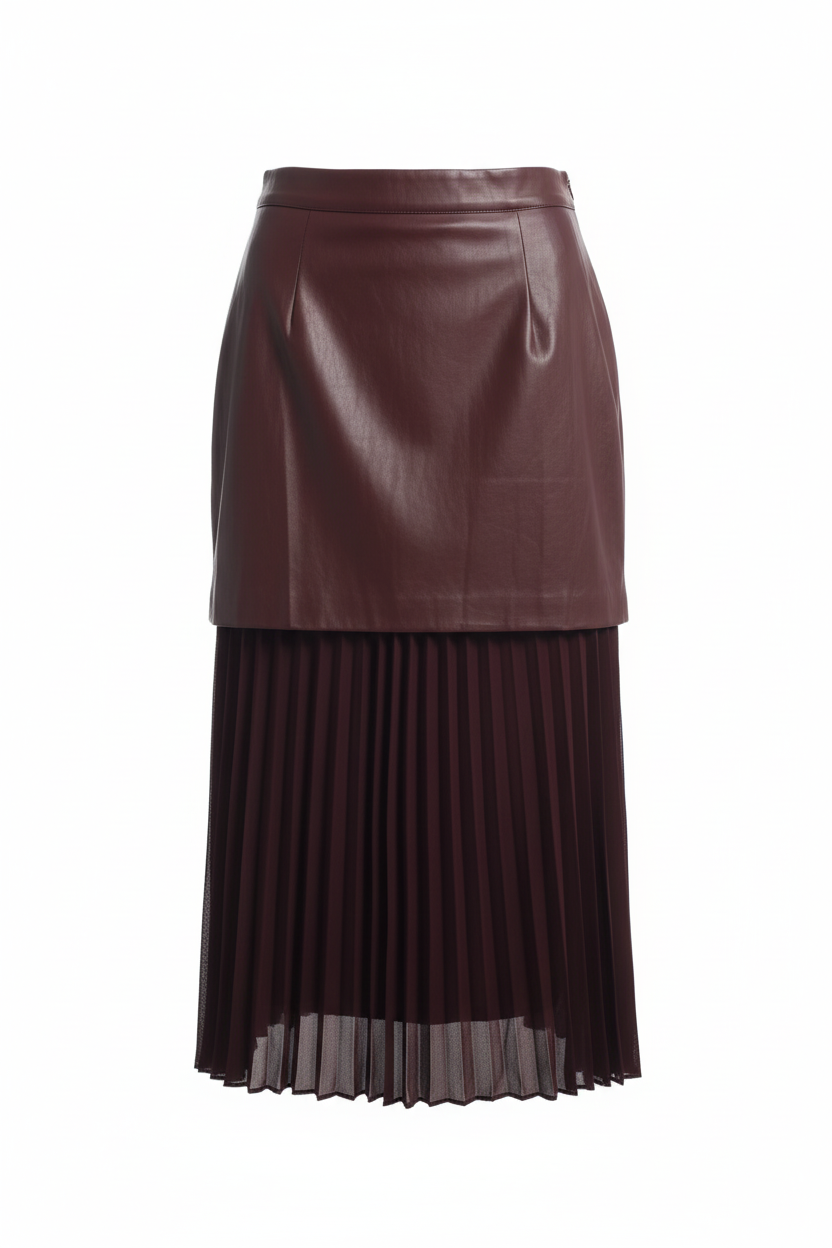 Two-Tone Pleated Midi Skirt 742 — Wine