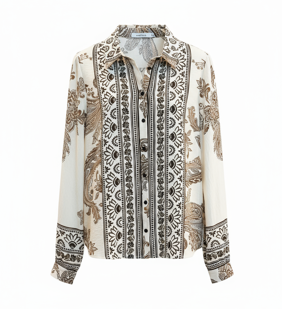 Printed Boho Button-Down Shirt — Cream & Chocolate 29440