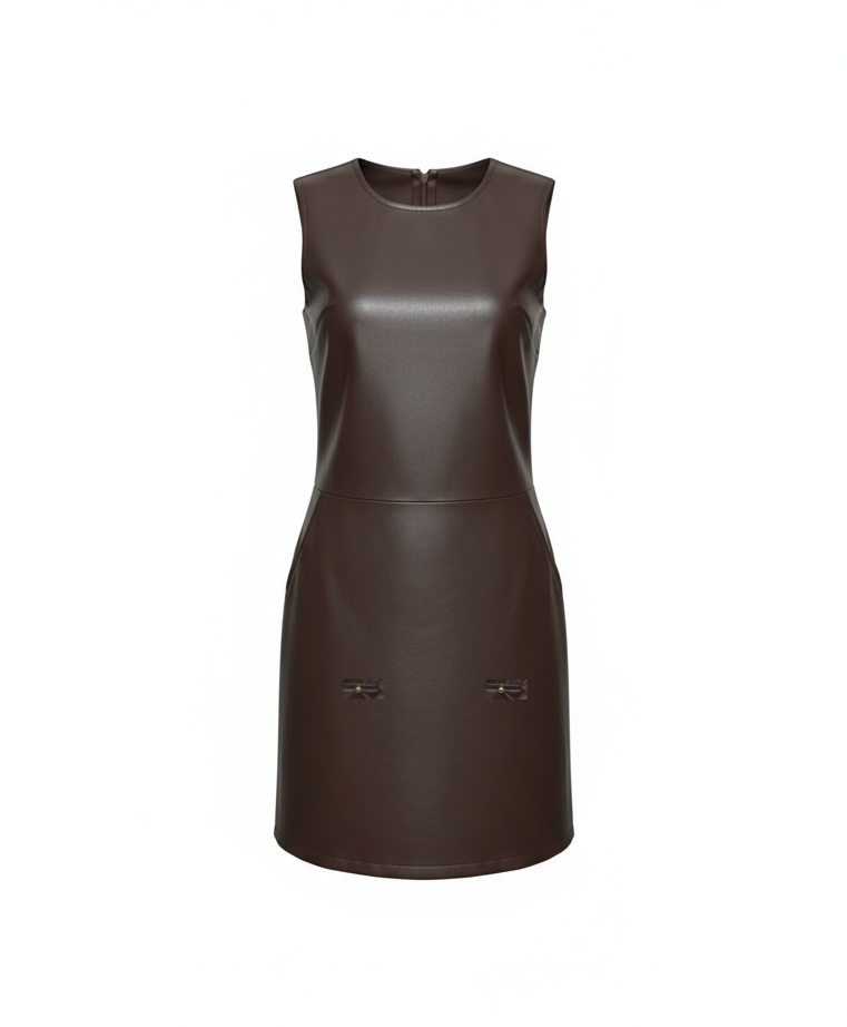 Women’s Sleeveless Faux Leather Mini Dress  27250 – Wine, Also Available in Brown