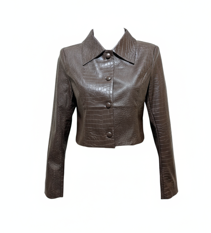 Chocolate Brown Cropped Faux Leather Jacket 27228 – Crocodile Texture & Button-Up Design