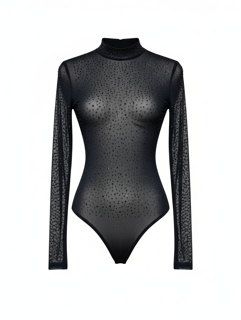 Black Sheer Bodysuit with Sparkle Detailing – High Neck Long Sleeve Bodysuit 1001