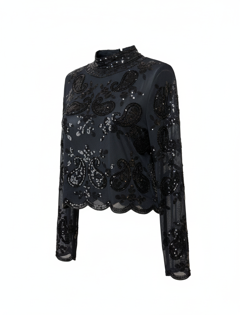 Black Paisley Embellished Sheer High-Neck Top H2066