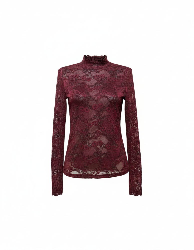 Burgundy Sheer Lace Mock-Neck Blouse 61928