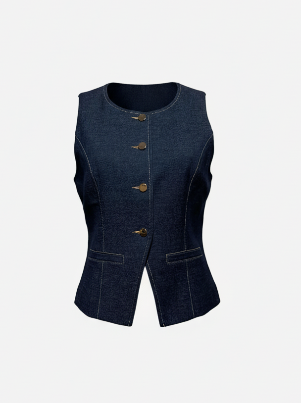 Heritage Tailored Denim Vest with Gold Accents Waistcoat 26606