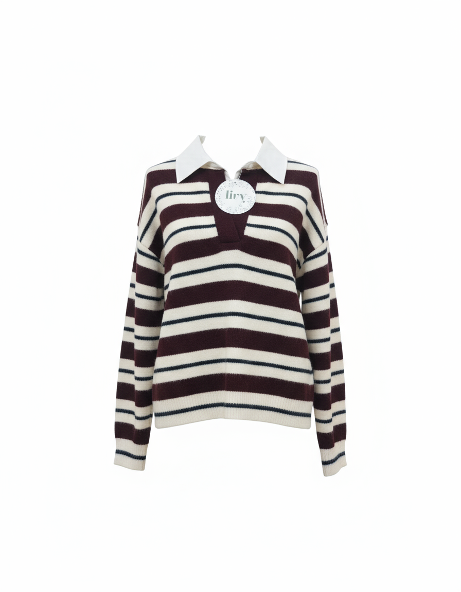 Beige and Cream Striped Knit Polo