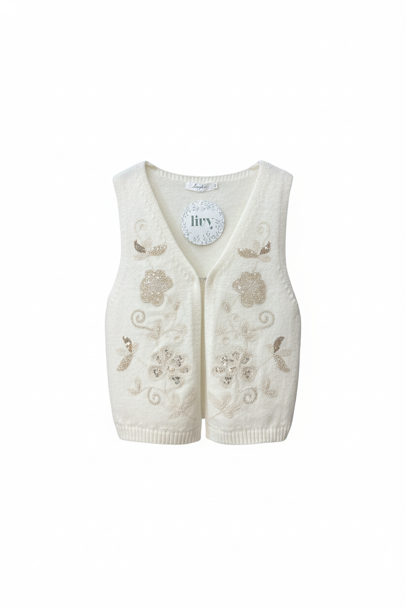 Embroidered Knit Vest – Cream