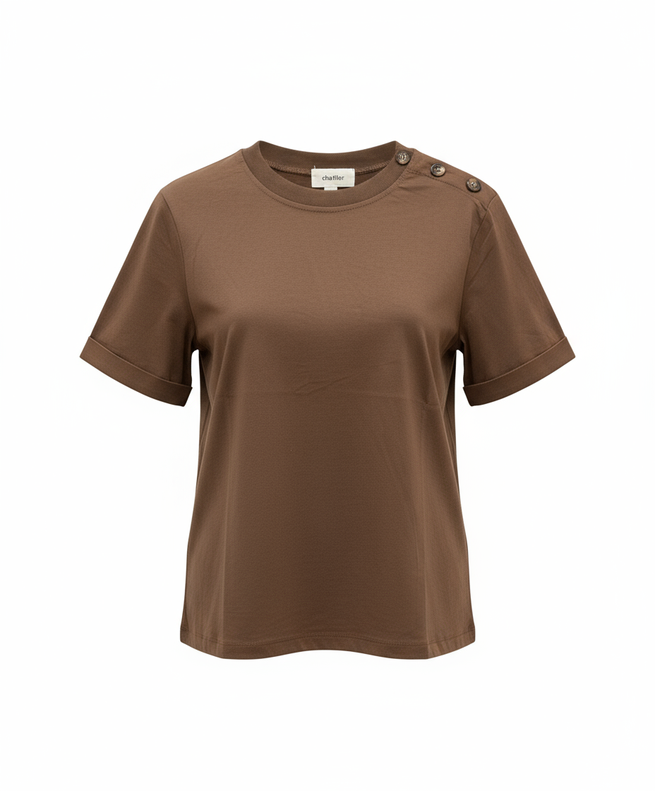 Button-Shoulder Cotton T-Shirt