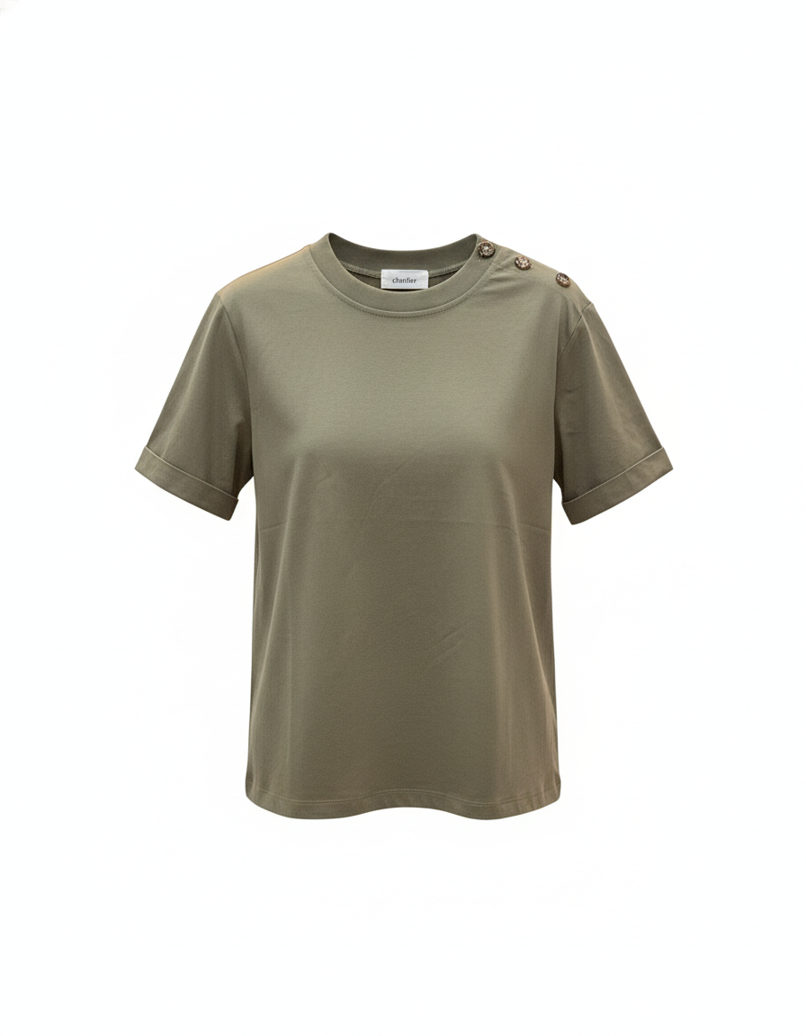 Button-Shoulder Cotton T-Shirt