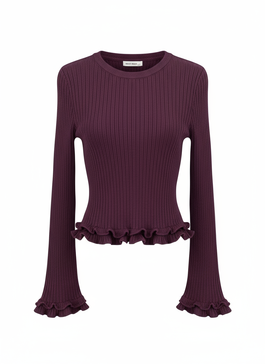 Ribbed Knit Flounce Hem Sweater