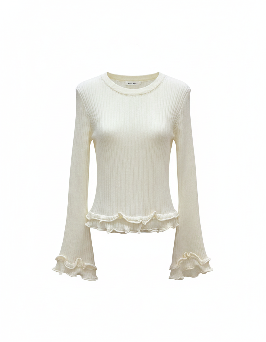 Ribbed Knit Flounce Hem Sweater