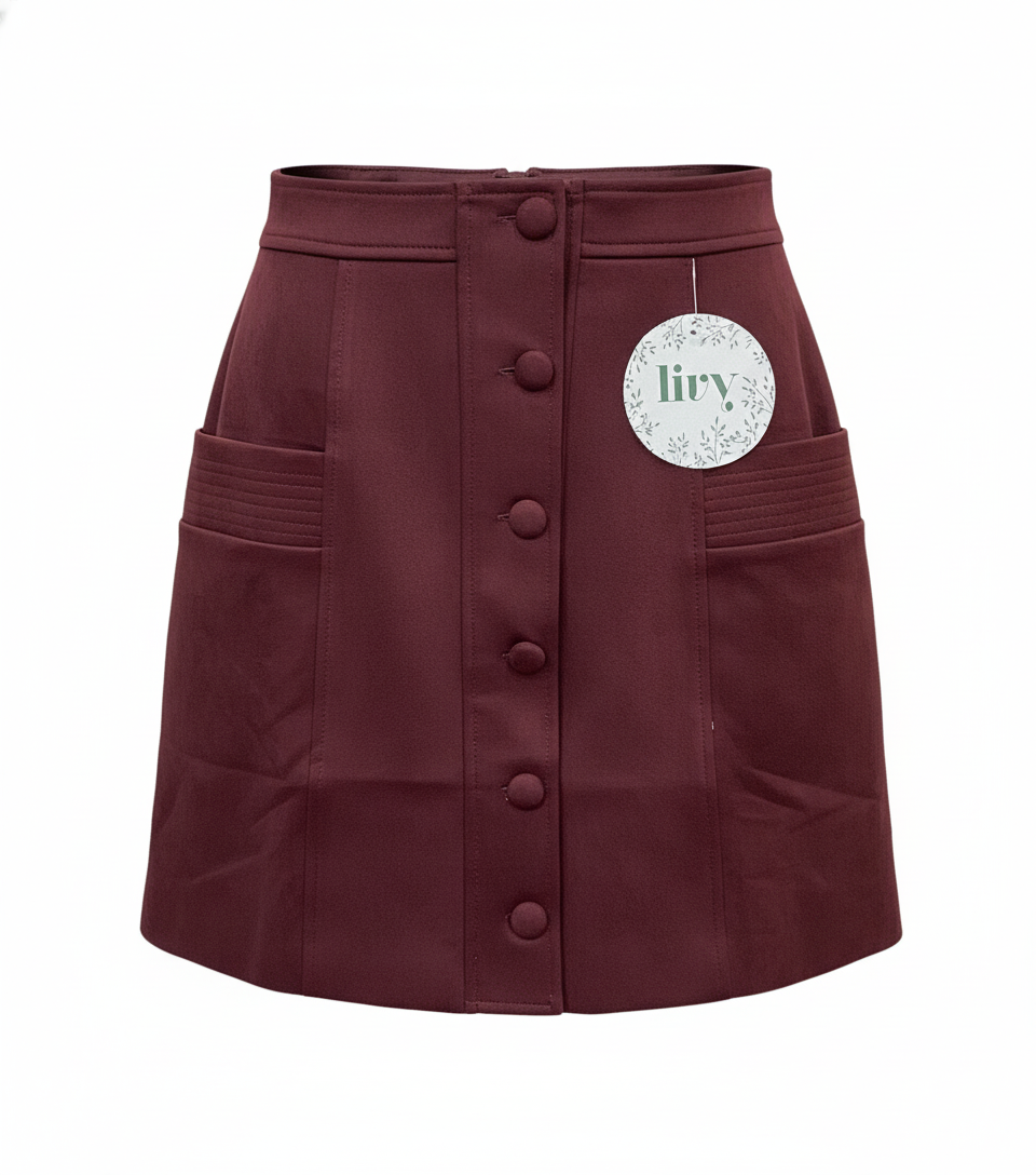 Faux Suede Button Skirt – Burgundy & Brown